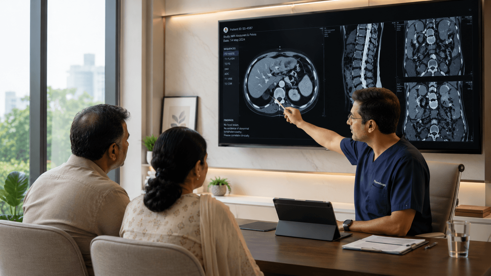 Doctor walking a couple through their scan results on a large screen