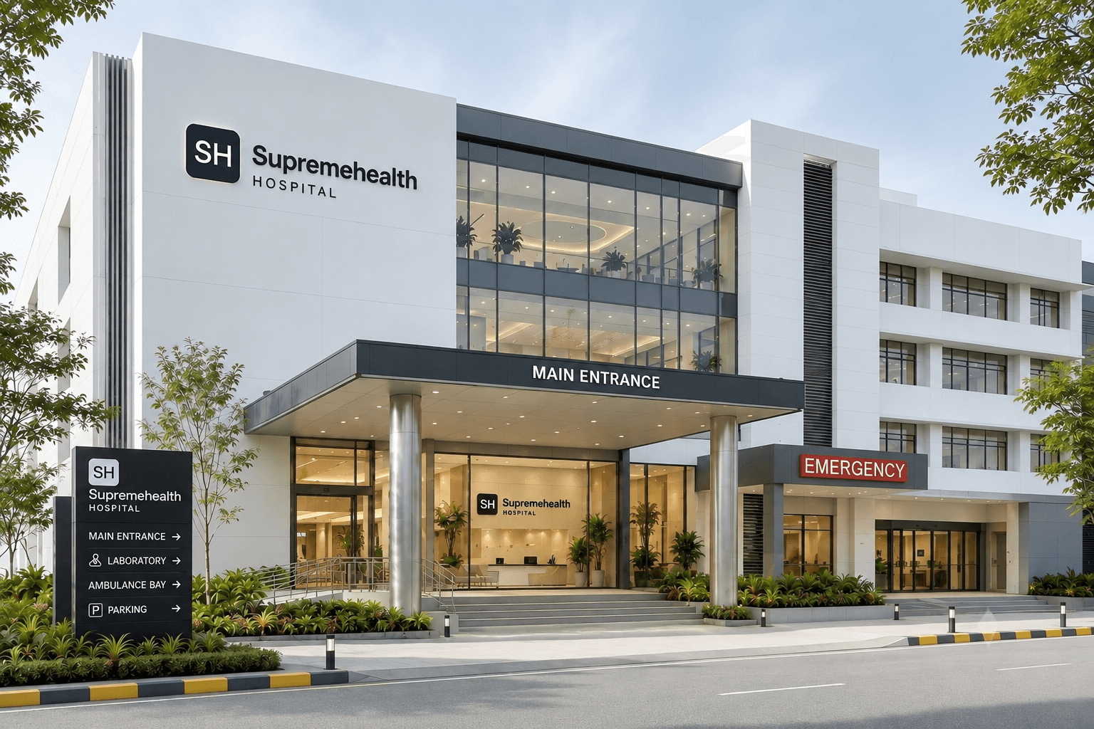 Supremehealth hospital building with main entrance and emergency wing