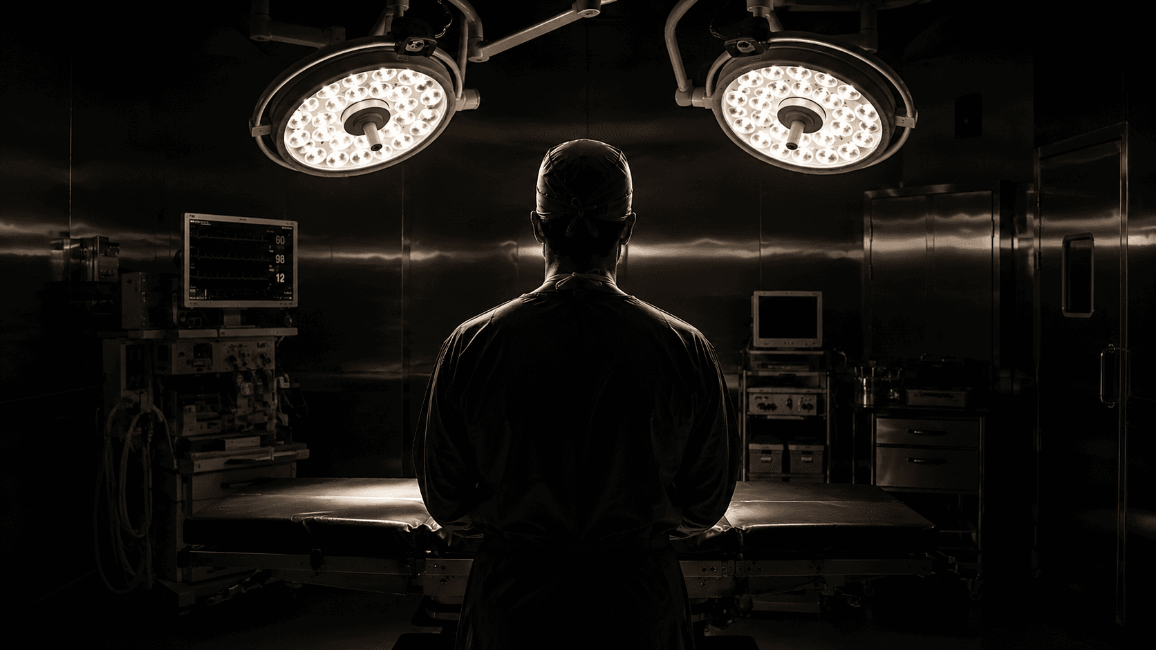 Surgeon standing under theatre lights in a modern operating room